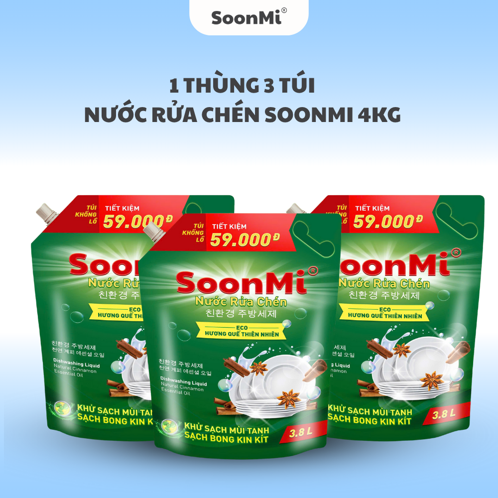 1 Thùng 3 túi nước rửa chén hương quế Soonmi 3.8L