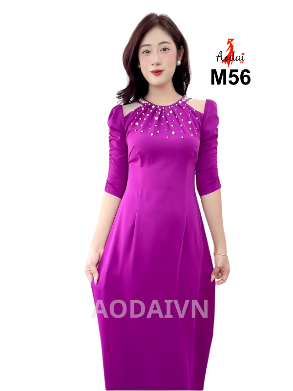 M56 Áo dài thiết kế màu tím cẩm cổ tròn tay bồng nhẹ, vai ghép lưới, đính hạt pha lê sang trọng