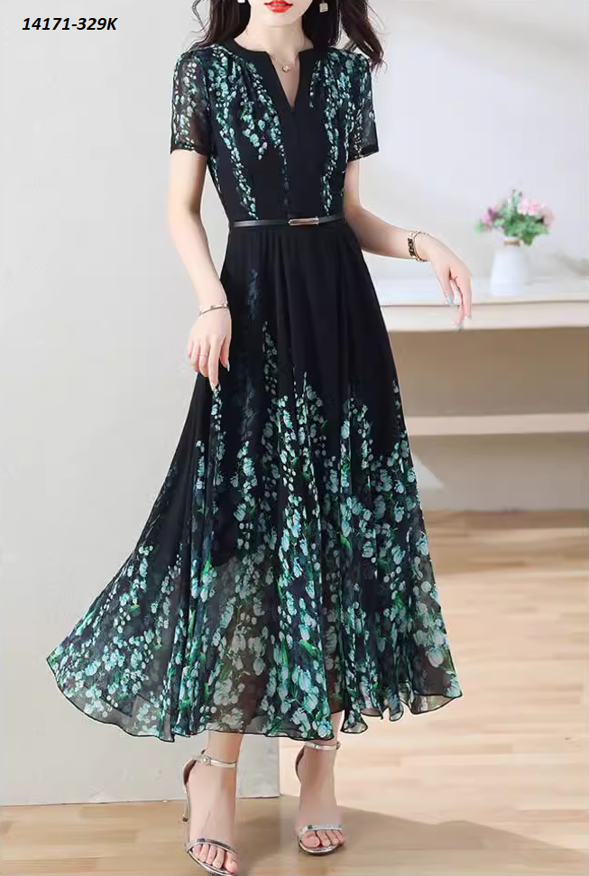 14171-Đầm dài cổ V cách điệu họa tiết hoa linh lan xanh (voan, lót)FREESHIP_thumbnail_0