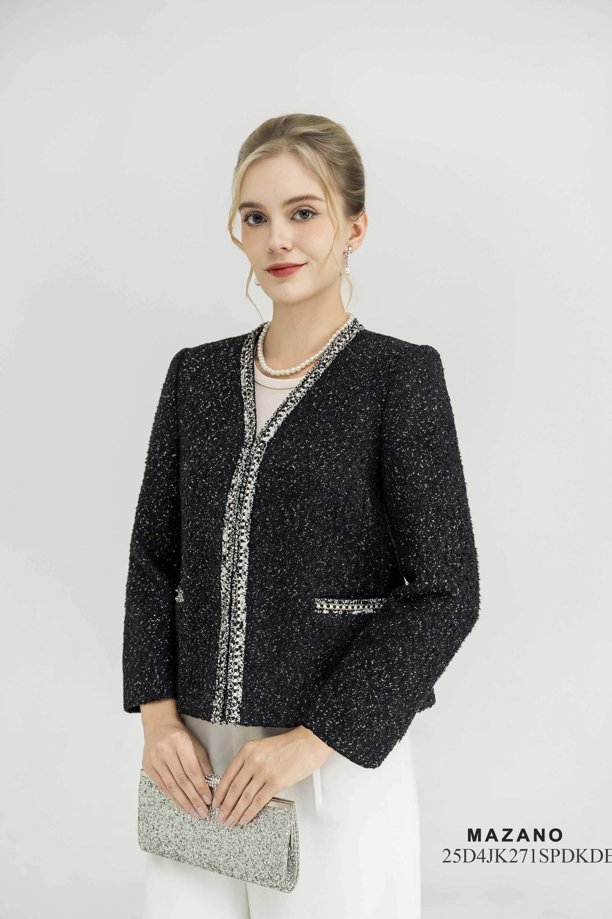 Áo khoác ngắn Vải dạ tweet không cổ tay dài