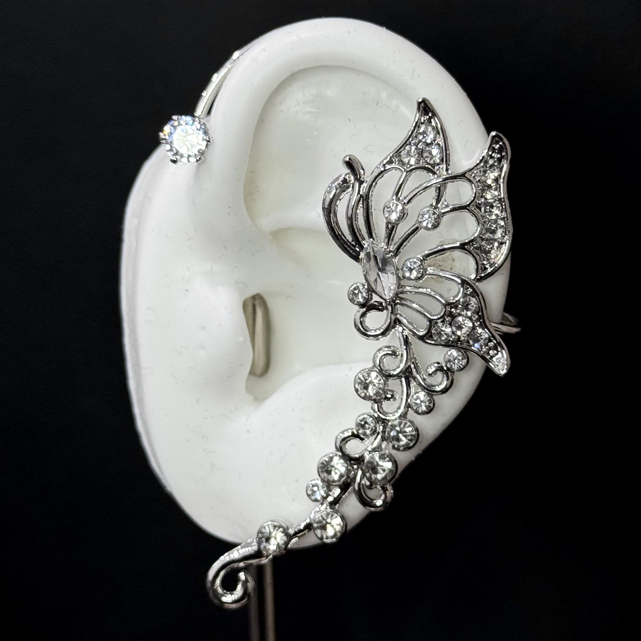 khuyên kẹp giả vành cánh bướm xoắn hoa đính kim cương tai trái 