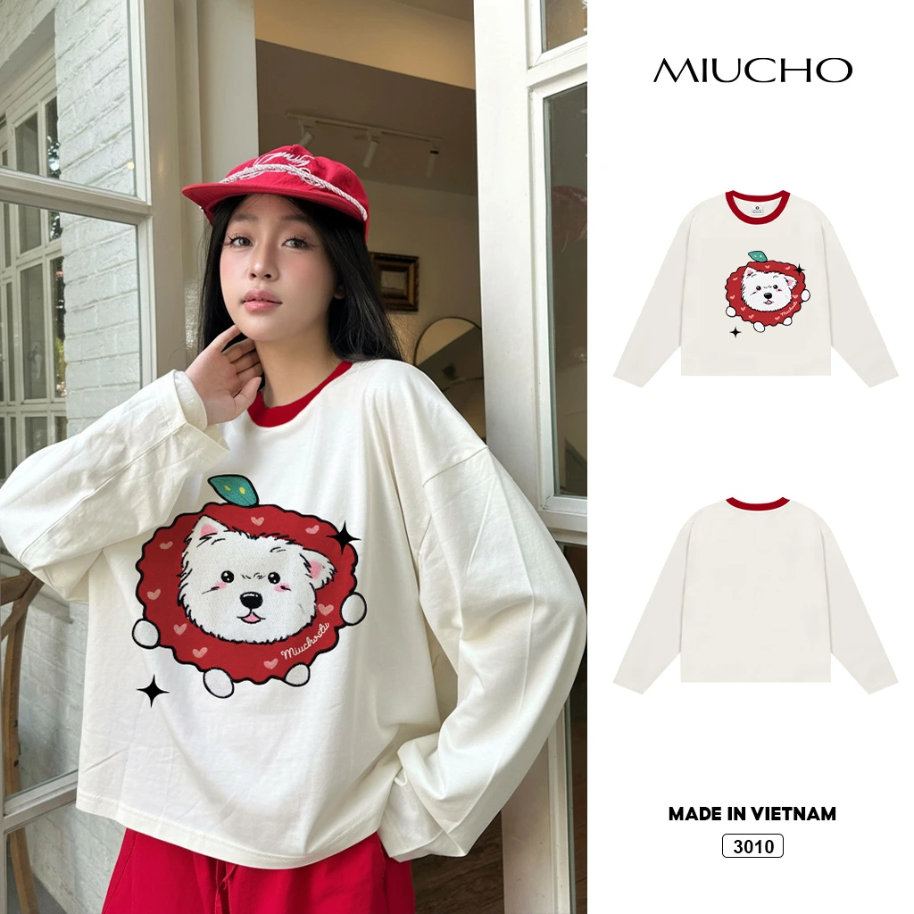 Áo thun Tết boxy tay dài phối cổ mix màu Miucho vải dày dặn thoáng mát Du Xuân Bính Ngọ 3010