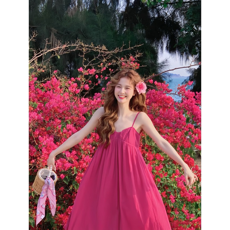 Váy maxi 2 dây màu hồng, váy 2 dây xoè dáng dài, váy đi biển Logastore_L144