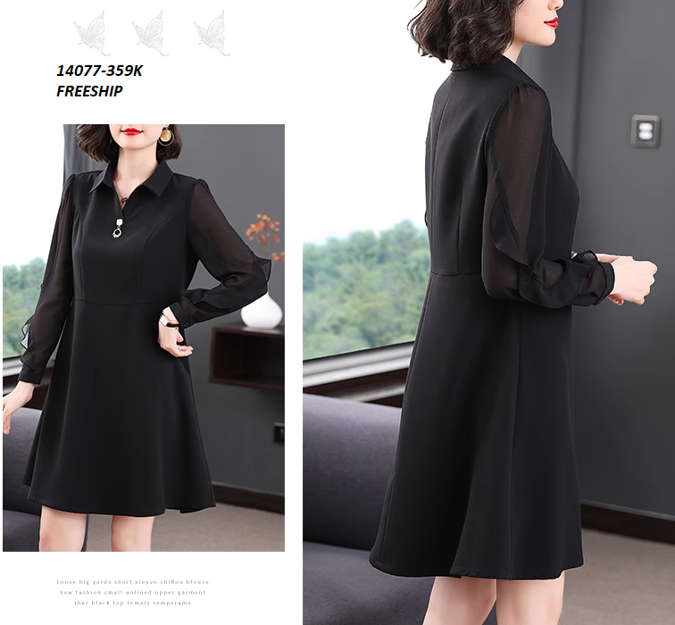 14077-Đầm suông A phối tay voan dài cổ bẻ cách điệu (thun mịn, voan)FREESHIP_14077_thumbnail_1