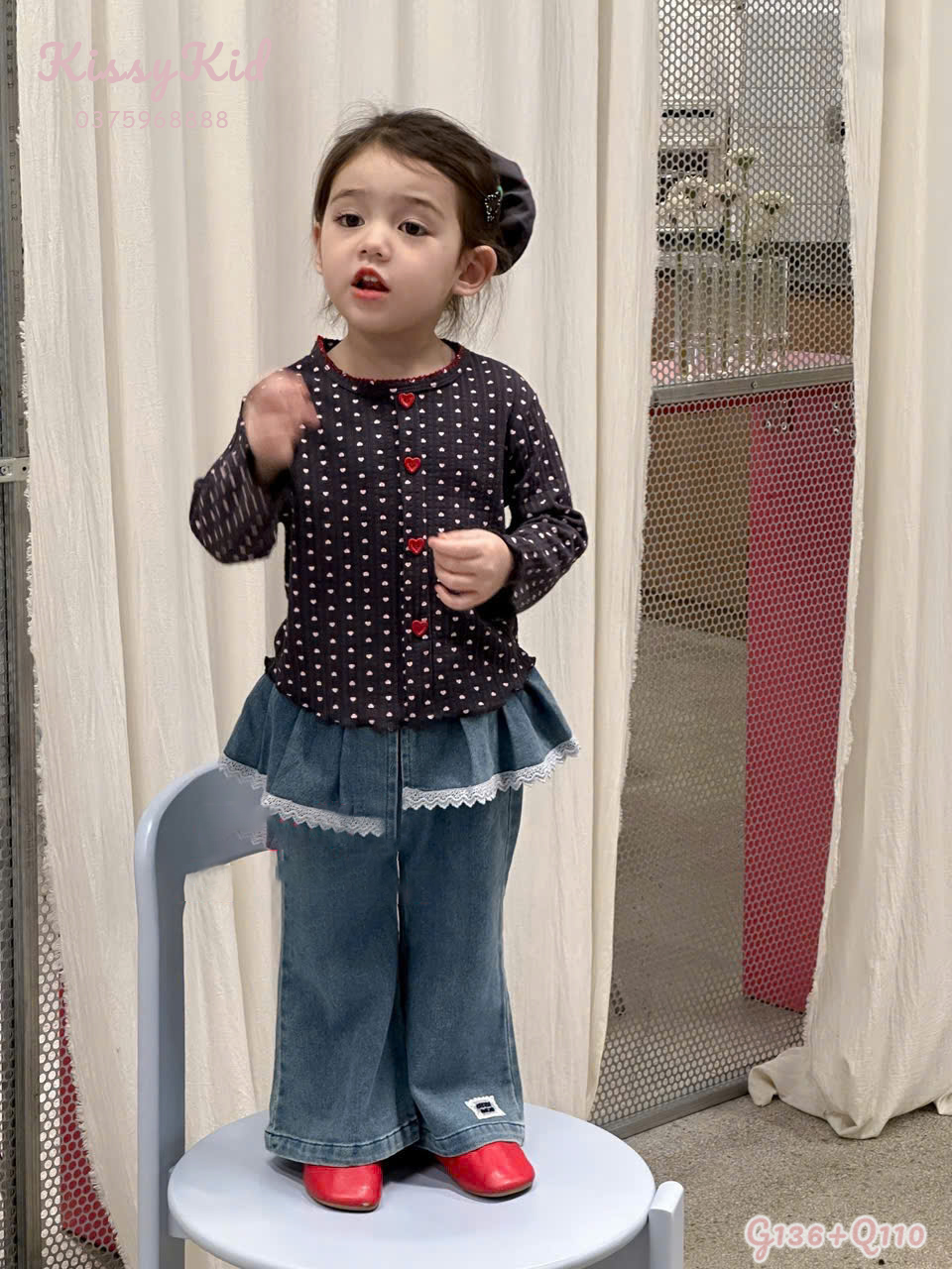 (Q110) Quần bò mềm ống loe liền bèo viền ren Hey Mingxing_thumbnail_0