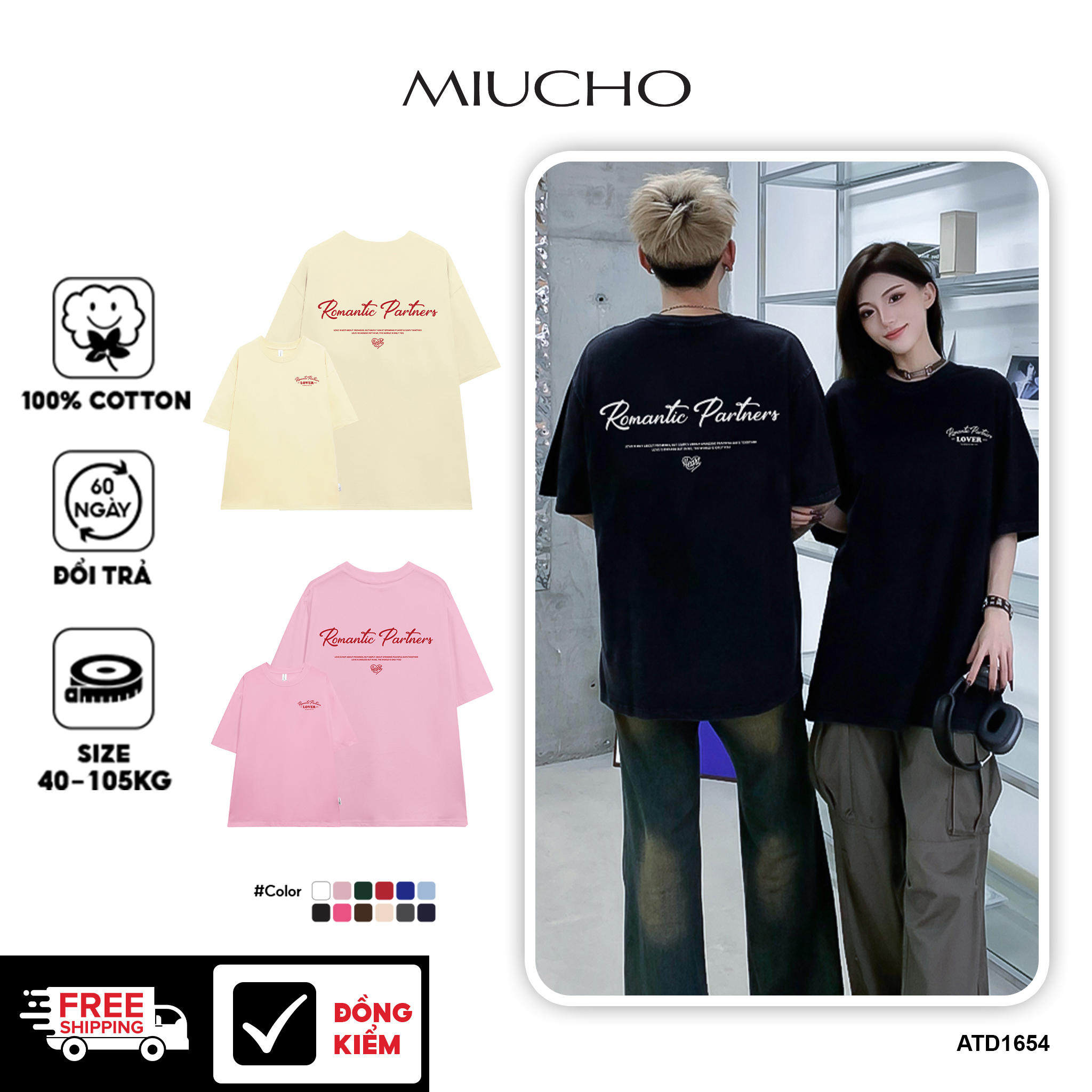 Áo thun cặp nam nữ đôi form rộng vải cotton co giãn thoáng mát ATD1654 Miucho in mix