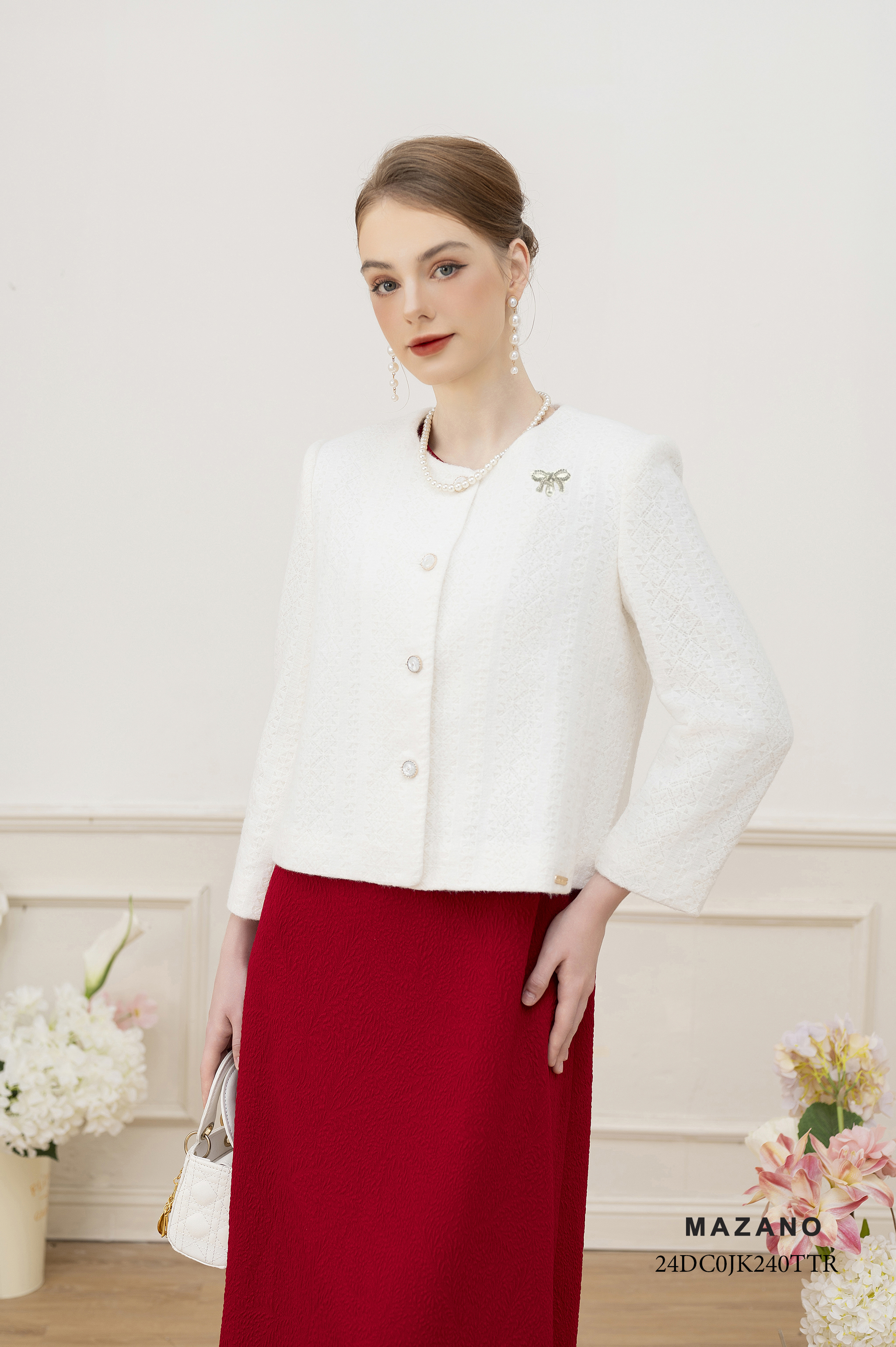 Áo khoác ngắn Suông Vải dạ len dày Họa tiết hoa văn kẻ Đính trang trí Dài dưới eo