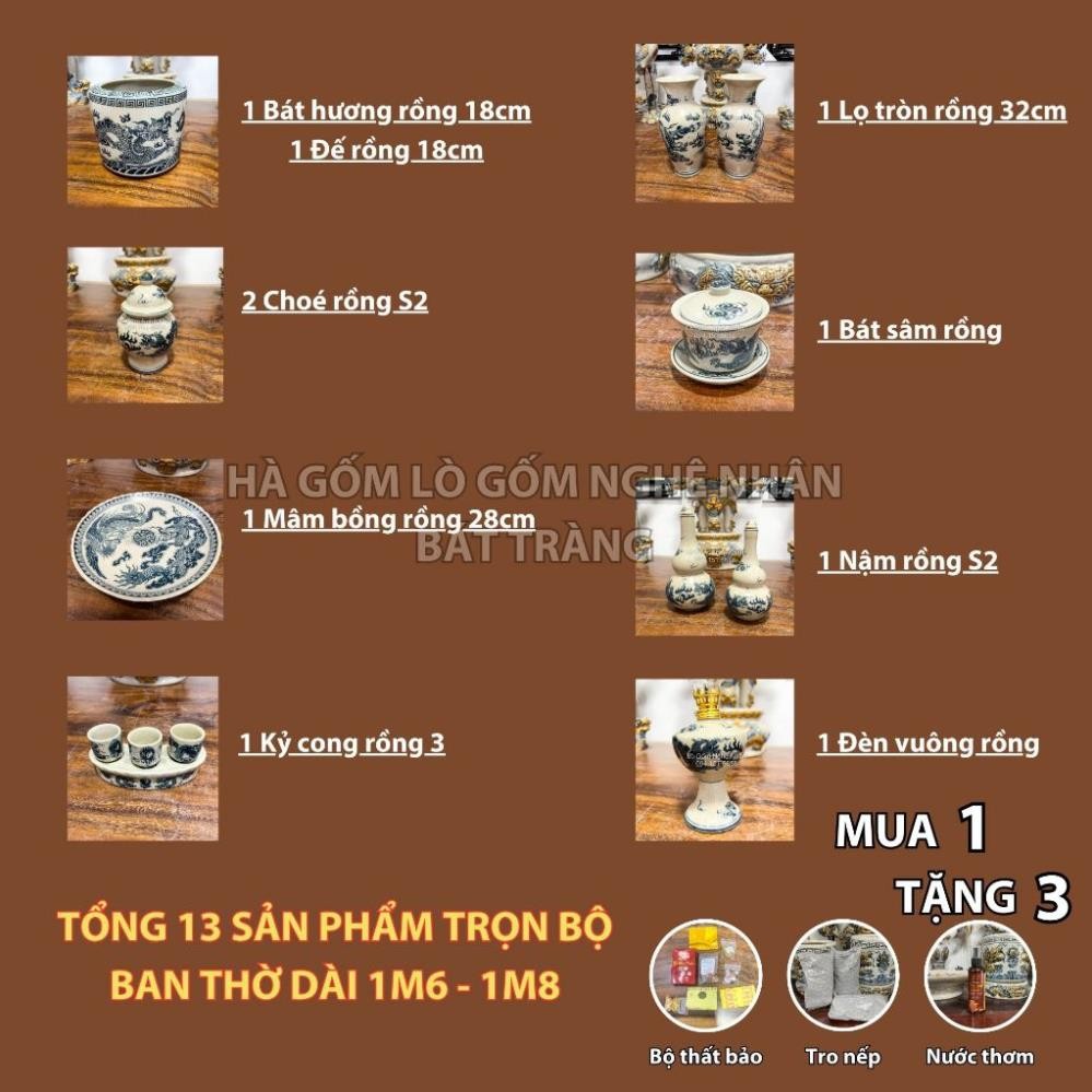 Đồ Thờ Cúng Bộ 13 món ban thờ 1M6 - 1M8 men rạn trơn nghệ nhân Bát Tràng chế tác TẶNG Thất Bảo, Tro Nếp_thumbnail_1