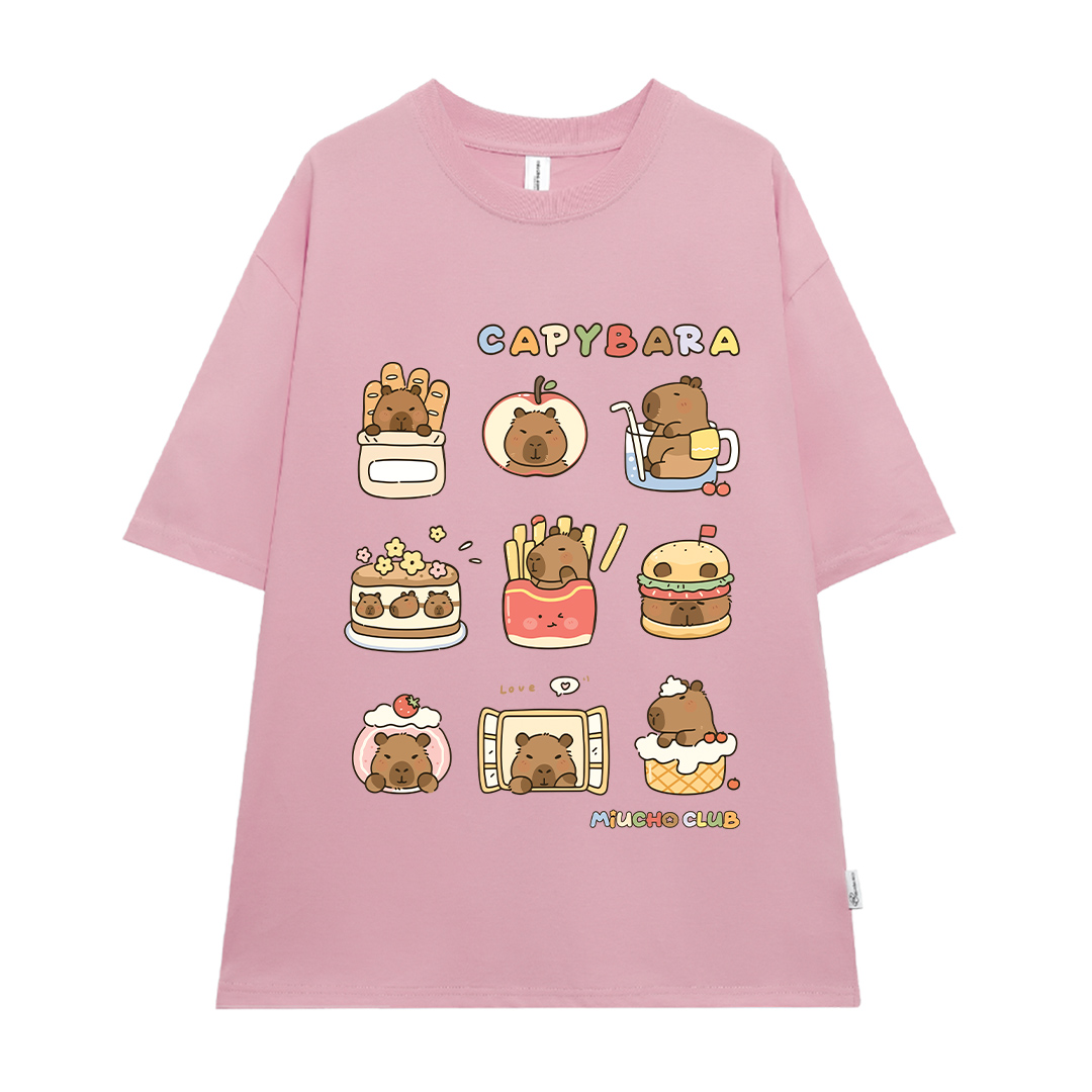 Áo thun chuột Capybara form rộng local brand ATD1224 Miucho tay ngắn vải cotton thoáng mát cổ tòn in mix_thumbnail_11