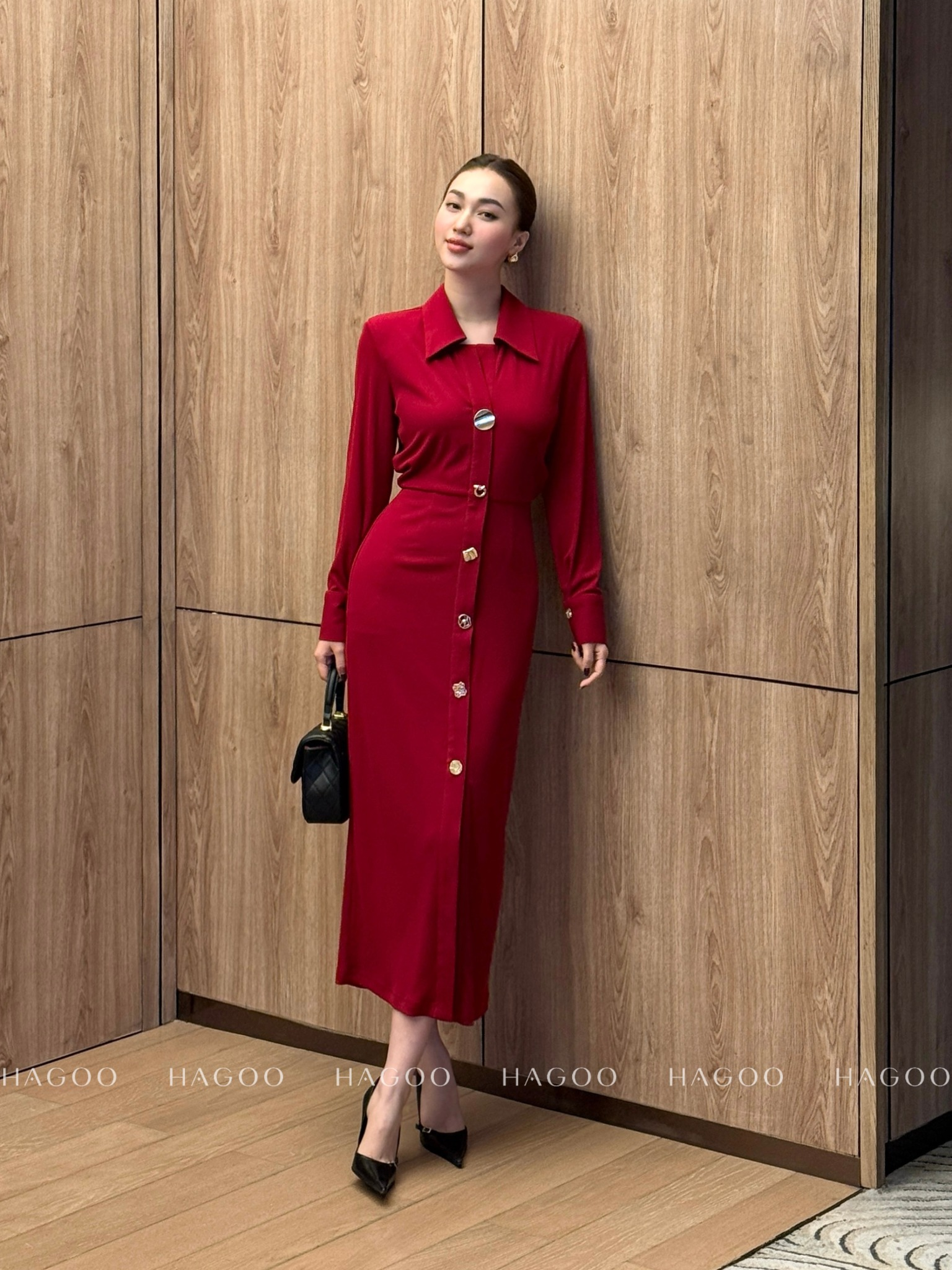 Váy thun dài vai vuông khuy đồng HAGOO_thumbnail_4