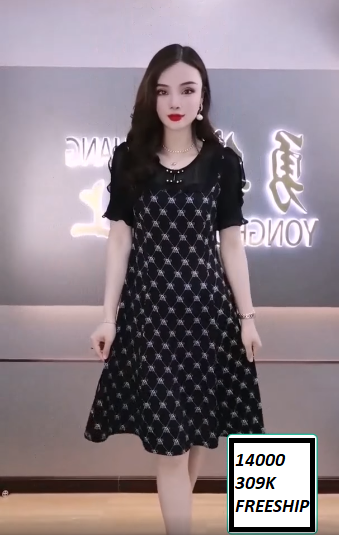 14000-Đầm chữ A phối  voan họa tiết nơ kẻ sọc (thun lụa, voan)FREESHIP_thumbnail_0