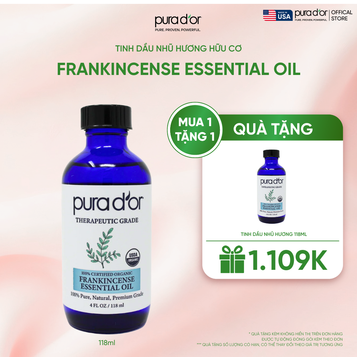 Tinh Dầu Nhũ Hương Hữu Cơ Pura D'or Therapeutic Grade Frankincense Essential Oil 118ml