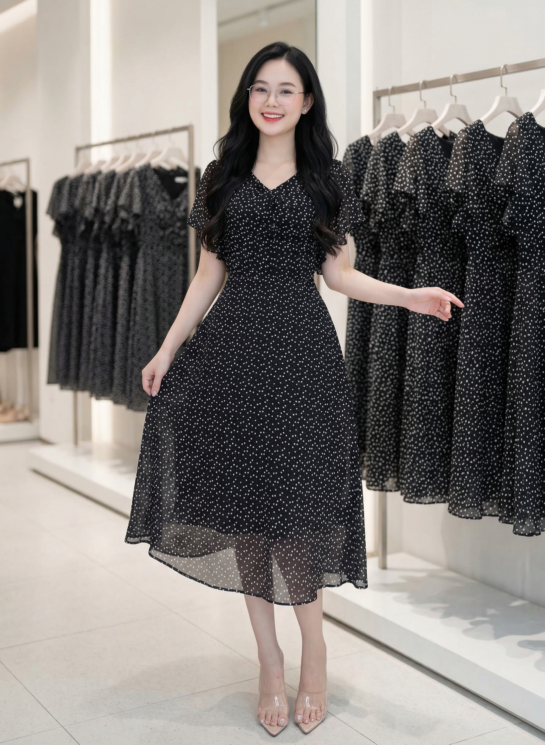 Đầm midi họa tiết tim nhí cổ V phối ren lưng