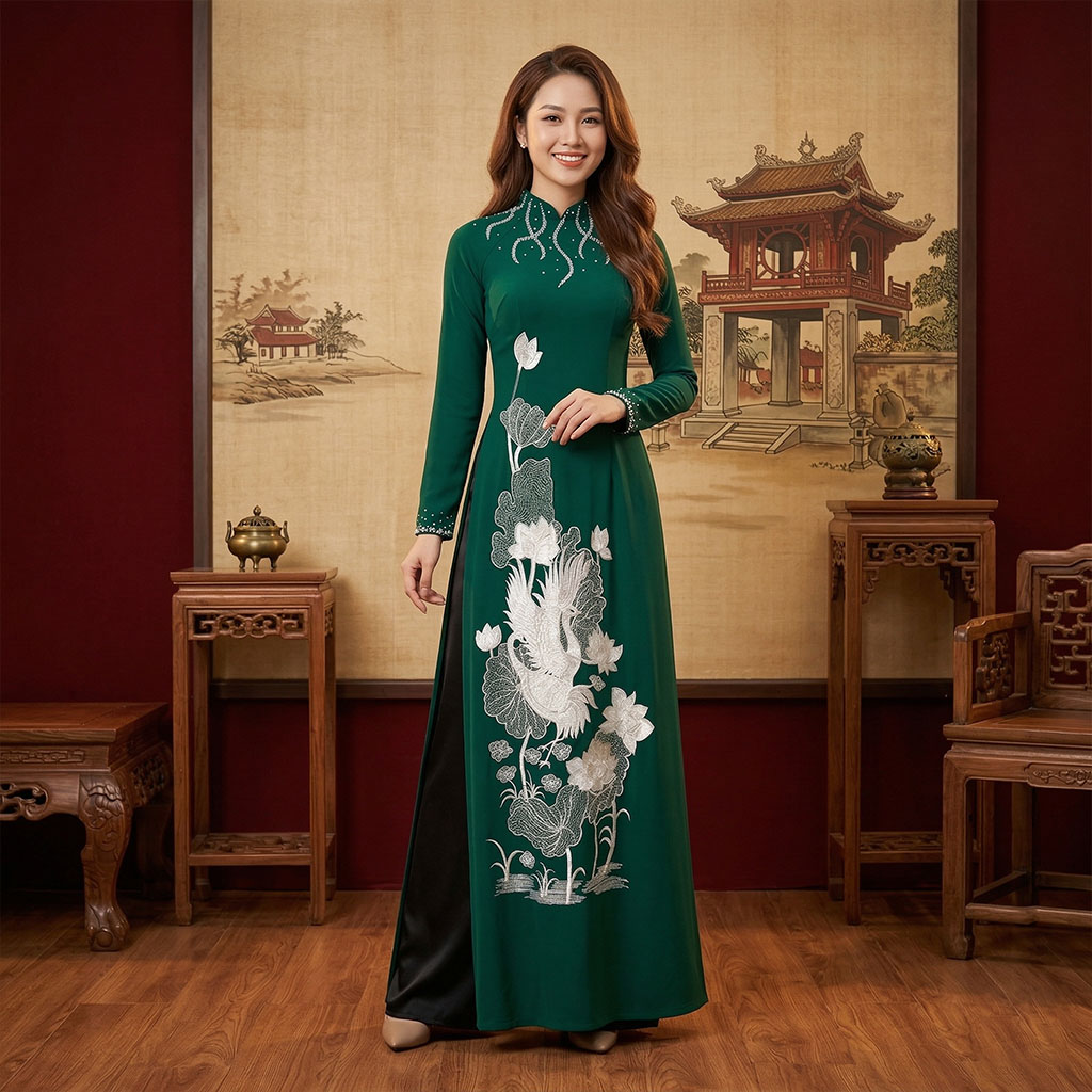 Áo Dài Mẹ Cô Dâu Chú Rể Màu Xanh Rêu Thêu Hạc Hoa Sen Sang Trọng AM26-12_thumbnail_3