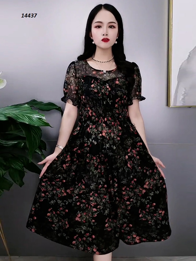 14437-Đầm voan xòe tay ngắn dún eo họa tiêt hoa lá đỏ xanh_thumbnail_4