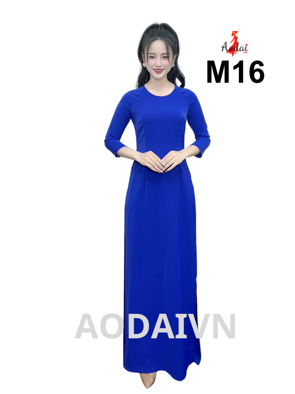 M16 lụa Mỹ màu xanh Cô ban cổ tròn tay lỡ