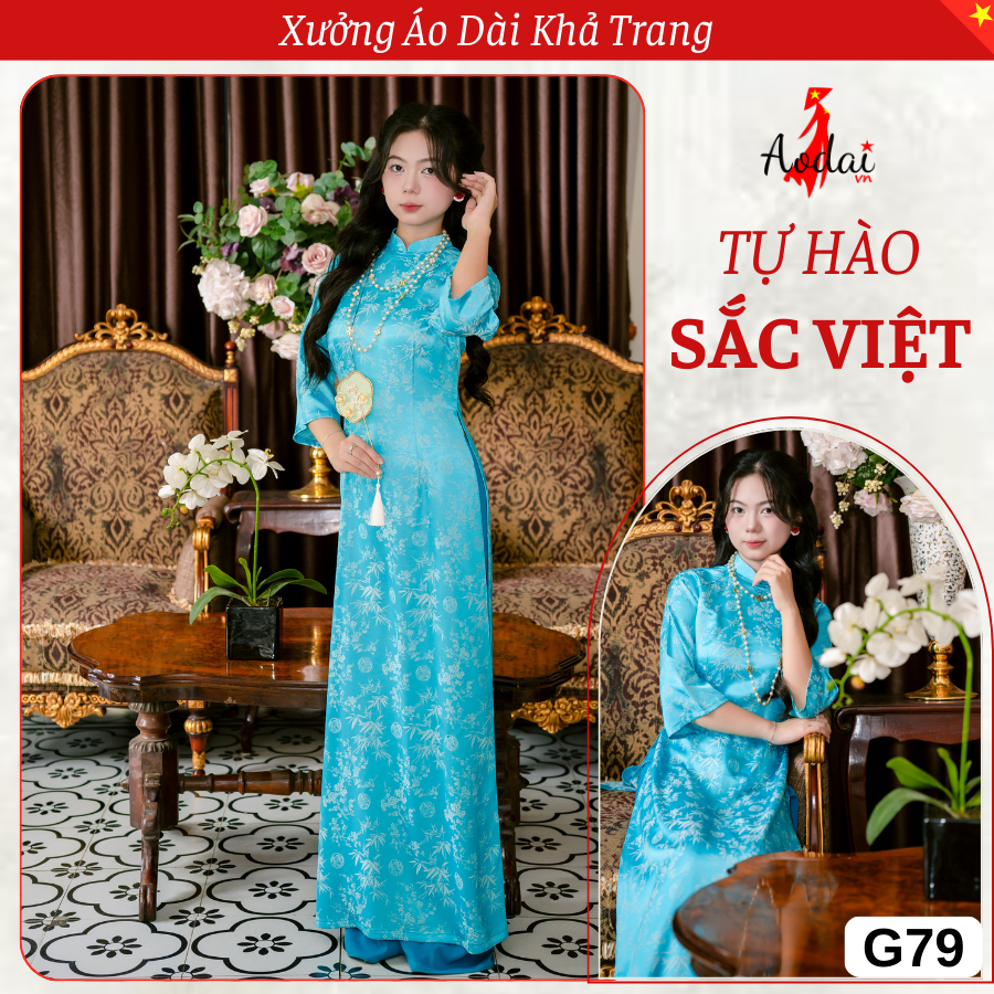 G79 Áo Dài Gấm Trúc Ngọc Cổ Cao 3cm Tay Loe