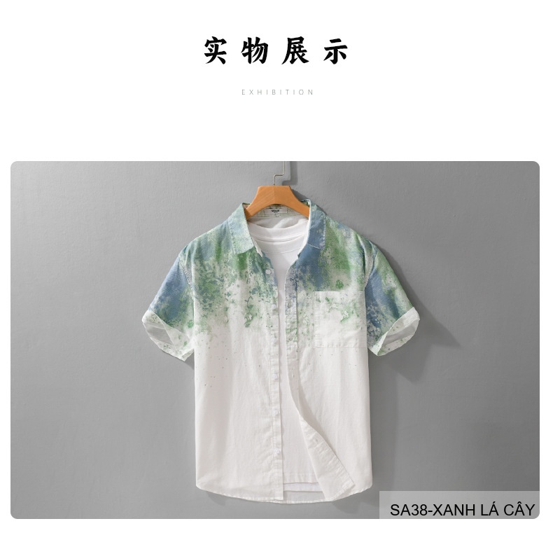 SA38 - Áo sơ mi nam tay ngắn họa tiết loang màu xanh lá và xám, phong cách trẻ trung mùa hè_thumbnail_10