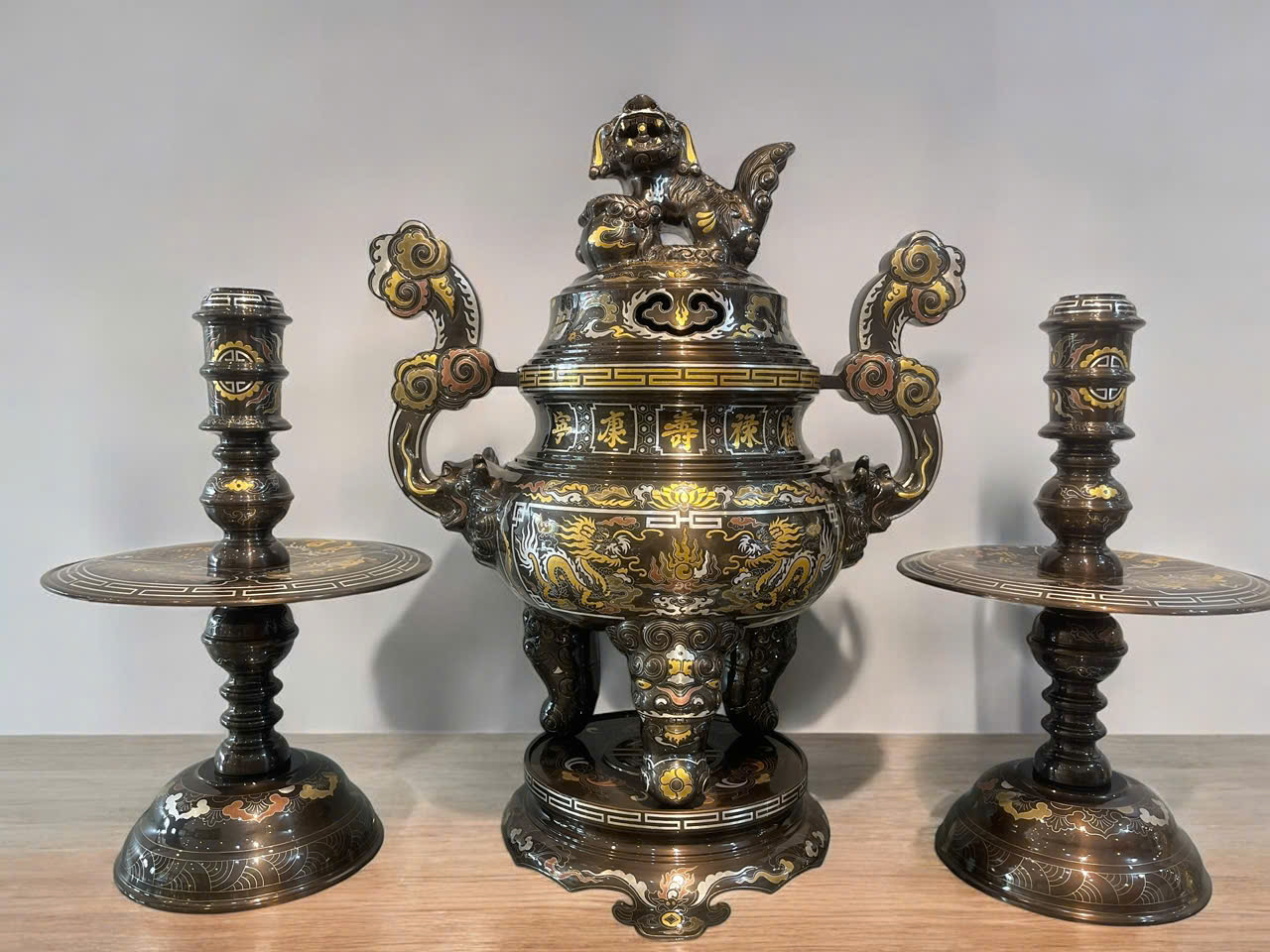 Bộ ngũ sự đúc đồng đỏ khảm ngũ sắc cao cấp cao 60cm_thumbnail_2