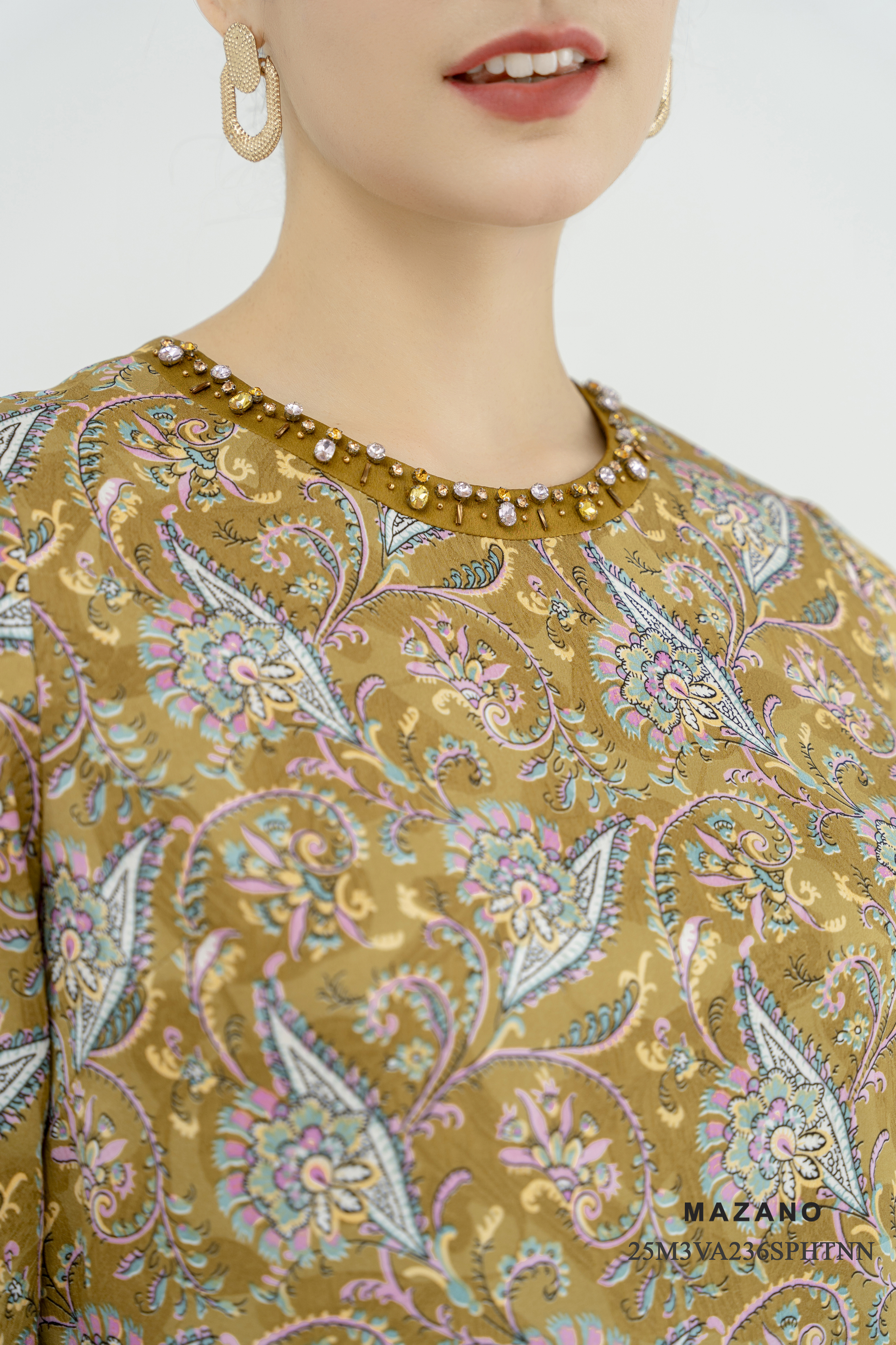 Váy đầm suông Vải voan lụa In họa tiết hoa sang trọng Cổ tròn Đính đá trang trí Tay ngắn Dài trên mắt cá chân_thumbnail_3