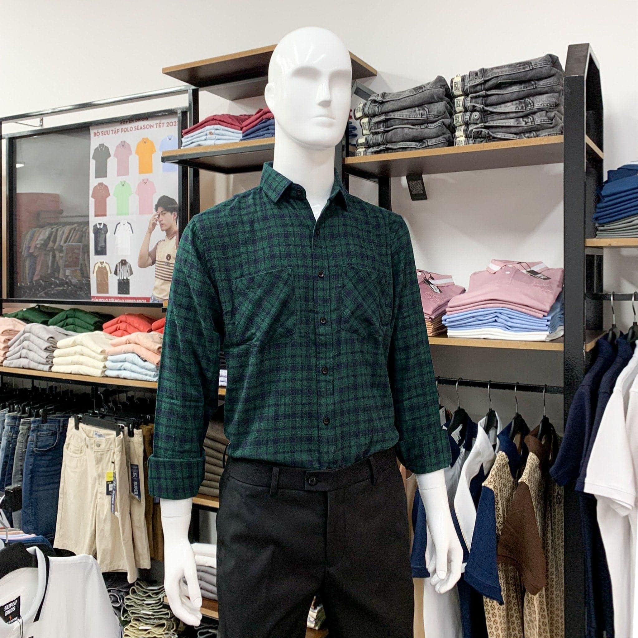 Áo Sơ Mi Super Brother FLANNEL Cotton Cá Sấu Logo Thêu Màu Xanh Lá