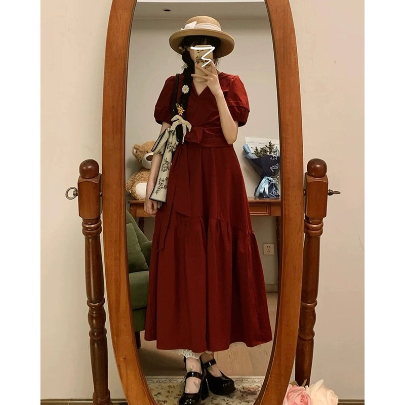 Set áo thắt nơ eo kèm chân váy dáng dài màu đỏ đô Logastore_L286_thumbnail_2