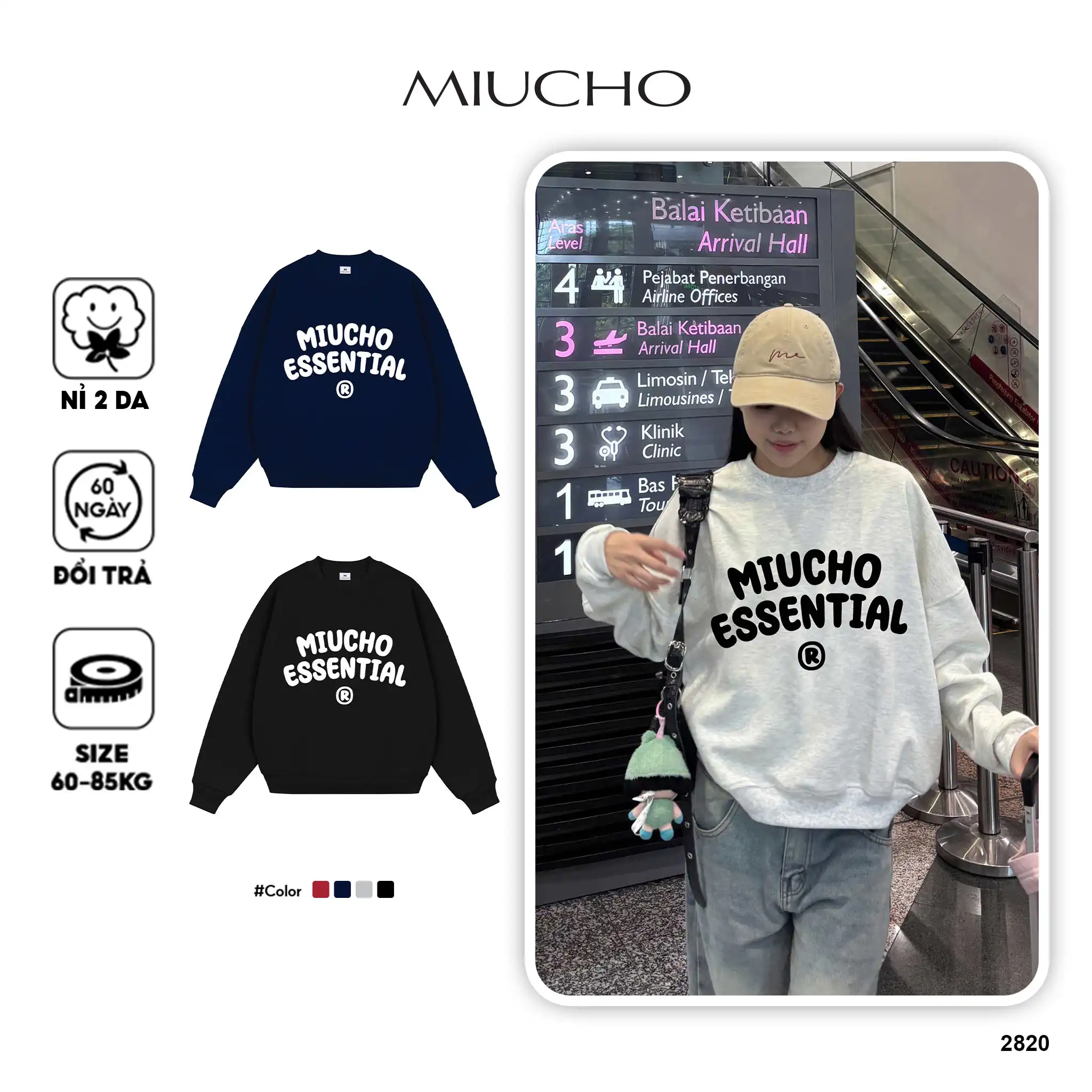 Áo Sweater boxy unisex Miucho Club vải nỉ 2 da cao cấp thoáng mát cổ tròn in chữ basic 2820