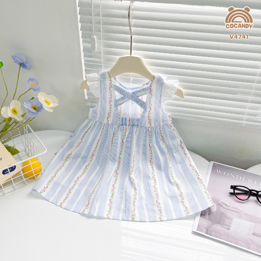 Váy cộc kẻ sọc TRẮNG XANH NHẠT hoa nhí chun chéo lưng_thumbnail_1