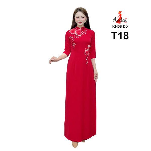 Áo dài T18 AODAIVN cổ cao 2cm tay lỡ lụa Mỹ màu đỏ KH08