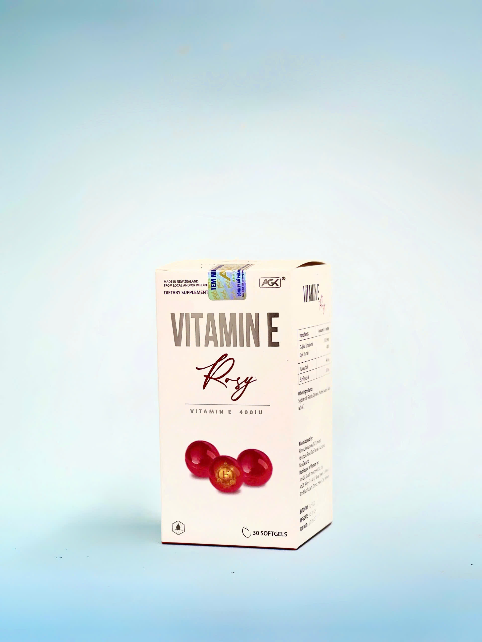 Vitamin E Rosy thực phẩm bảo vệ sức khỏe, hỗ trợ chống oxy hóa và làm đẹp da (Hộp 30 viên nang mềm)
