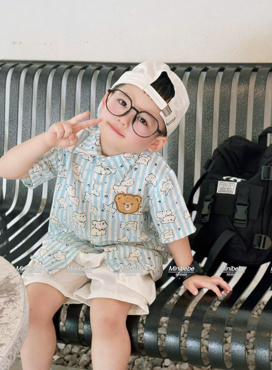 E94 BỘ SƠ MI SỌC XANH FULL CHÓ GẤU- A108.304