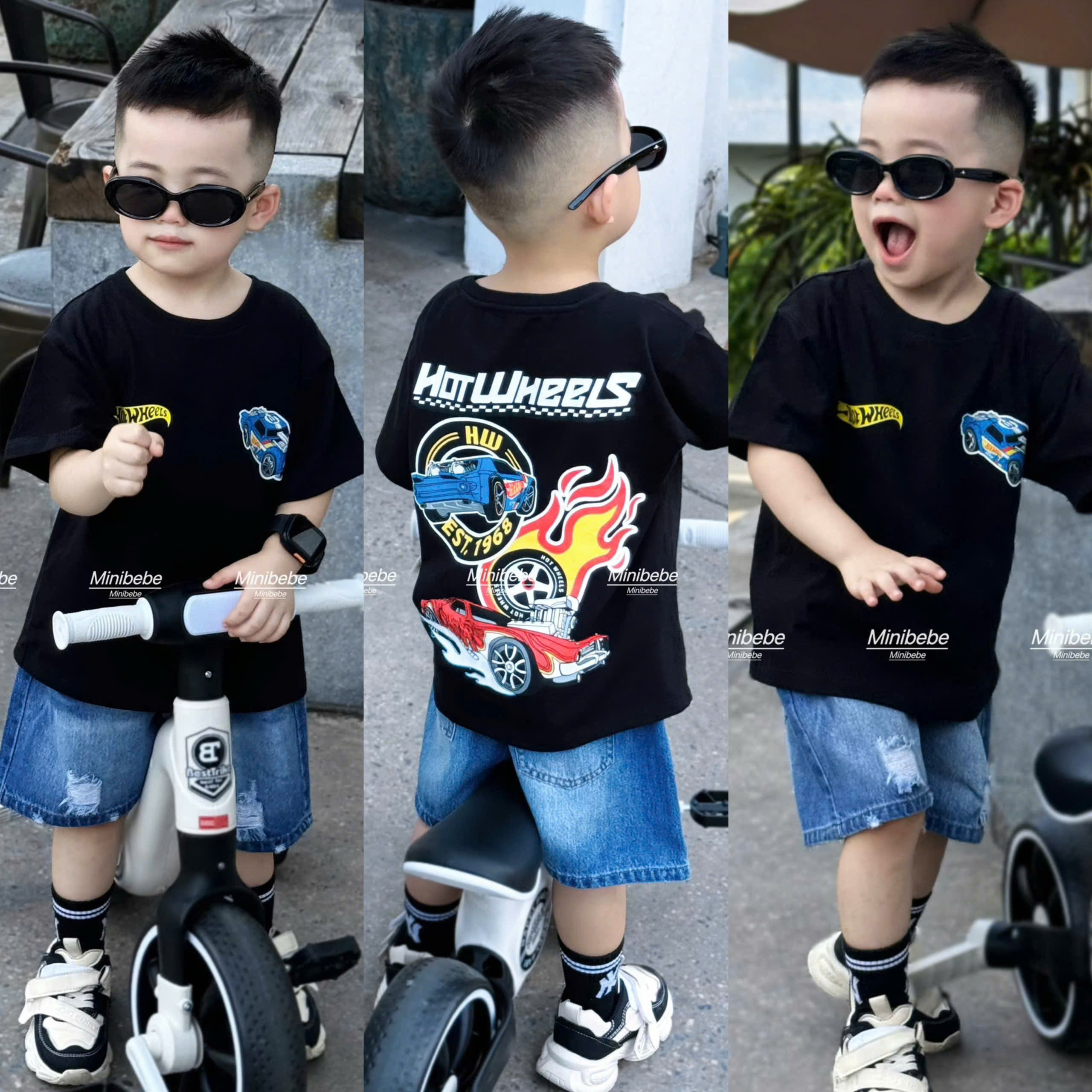 M06 BỘ CỘC QUẦN BÒ ÁO ĐEN Ô TÔ XANH HOT WHEELS- A116.816