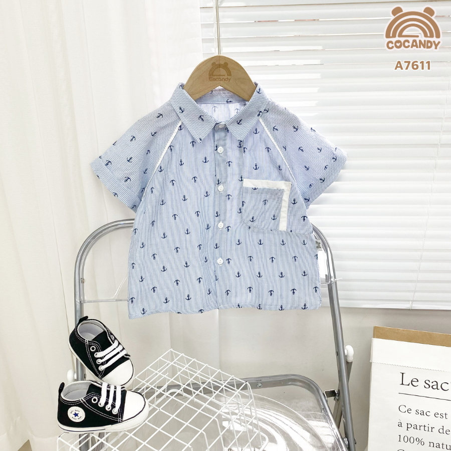 Áo cộc sơ mi X.DƯƠNG hoạ tiết mỏ neo phối túi_thumbnail_1