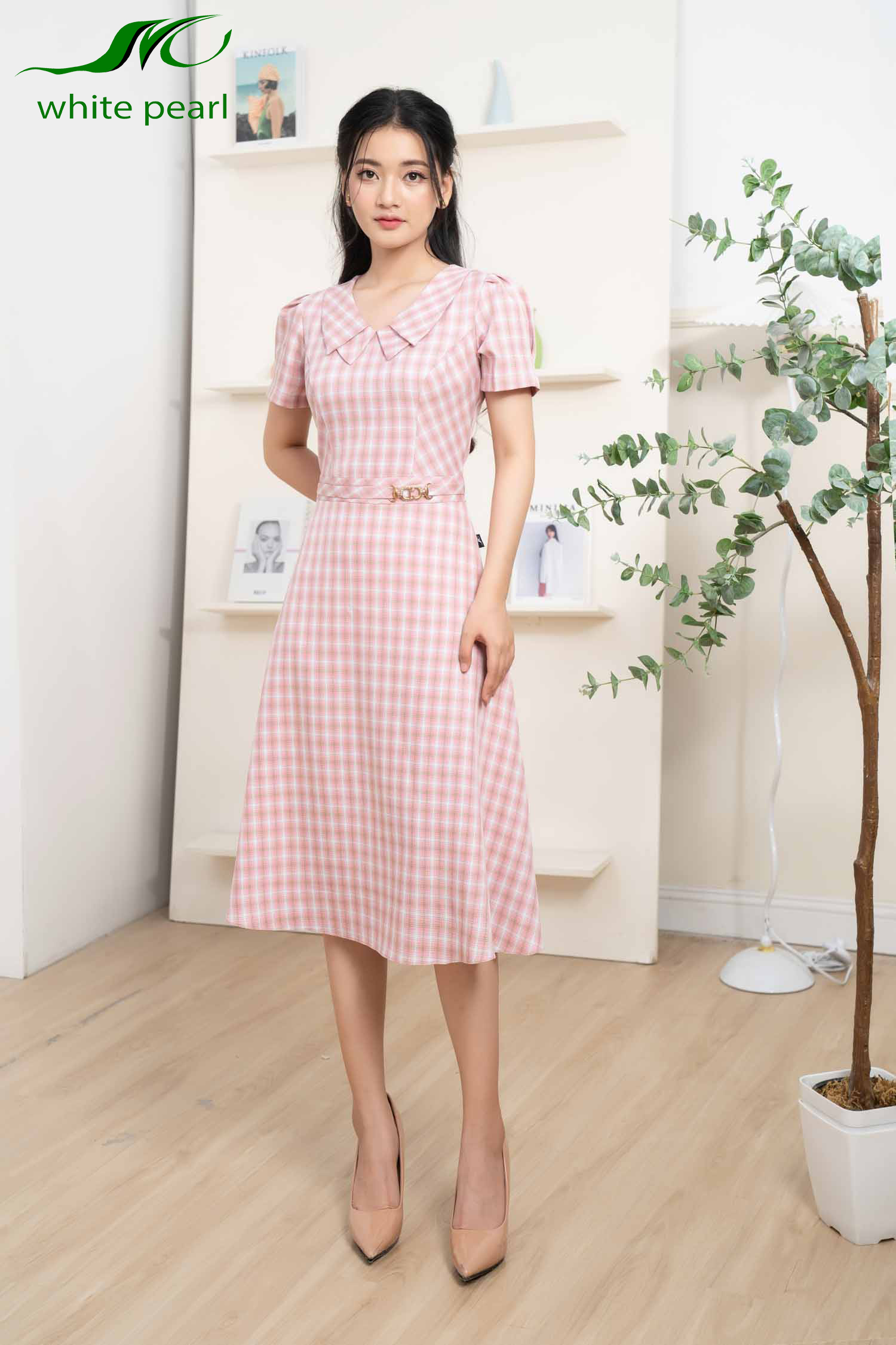 Đầm sen vuông 2 lá kẻ thời trang công sở cao cấp White Pearl_thumbnail_10