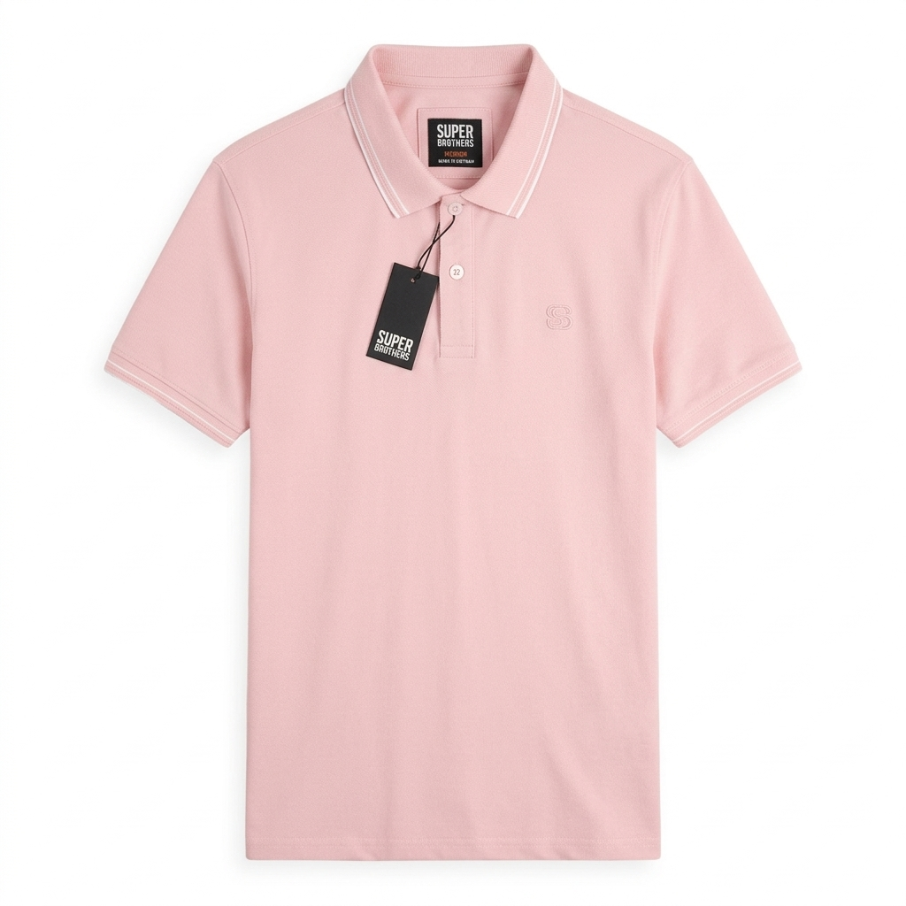 Áo Polo Super Brother Cotton Cá Sấu Logo Thêu Màu Hồng Kem