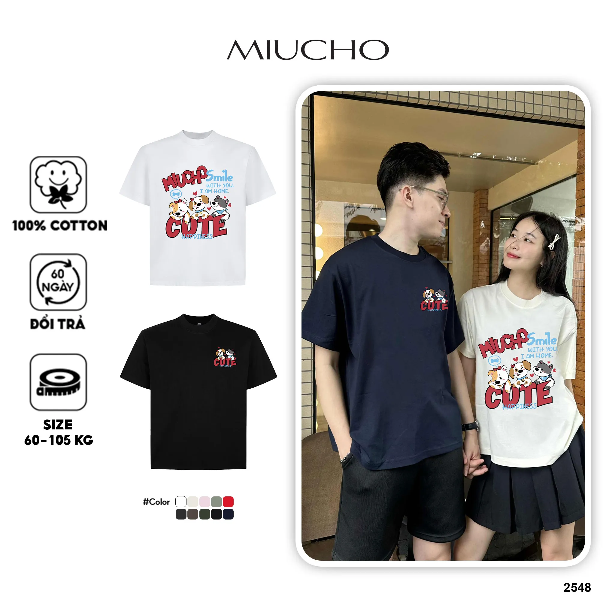 Áo thun cặp đôi Korean style dễ thương form boxy 2553 Miucho vải cotton thoáng mát mềm mại