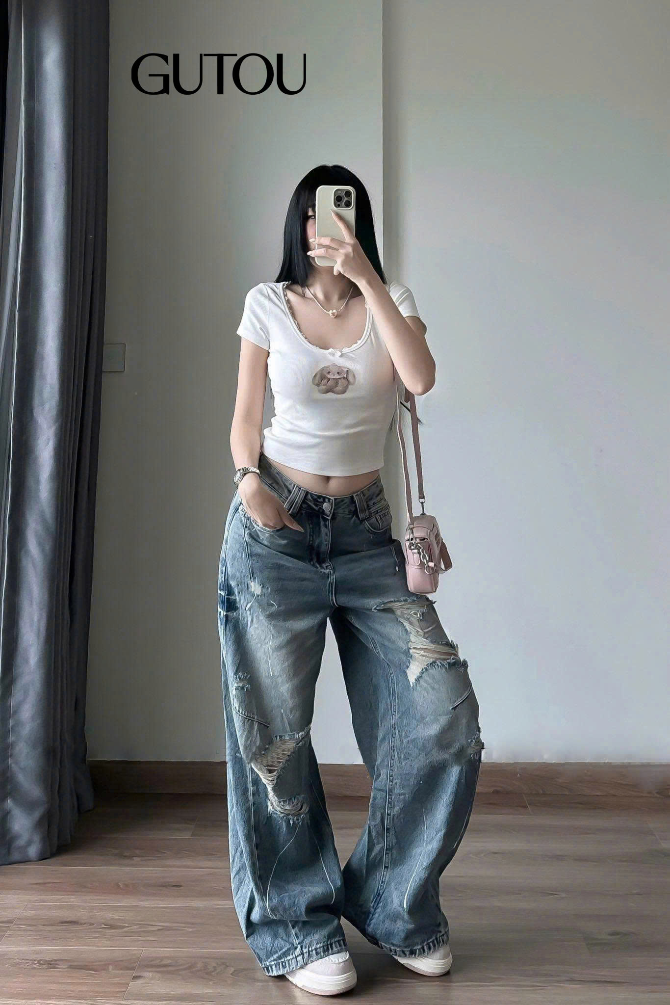 [ GUTOU ] Quần Jean Suông Rách Gối Vẩy Sơn_thumbnail_6