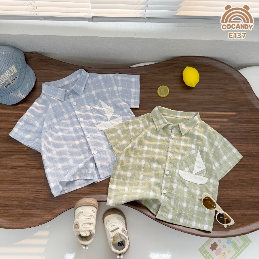 Áo cộc sơ mi caro XANH LÁ phối túi ngực kiểu_thumbnail_5