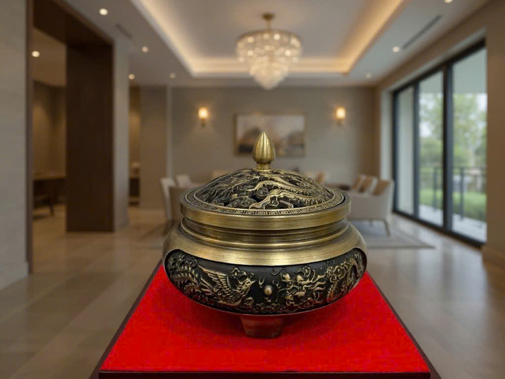 Lư đốt trầm rồng phượng bằng đồng 