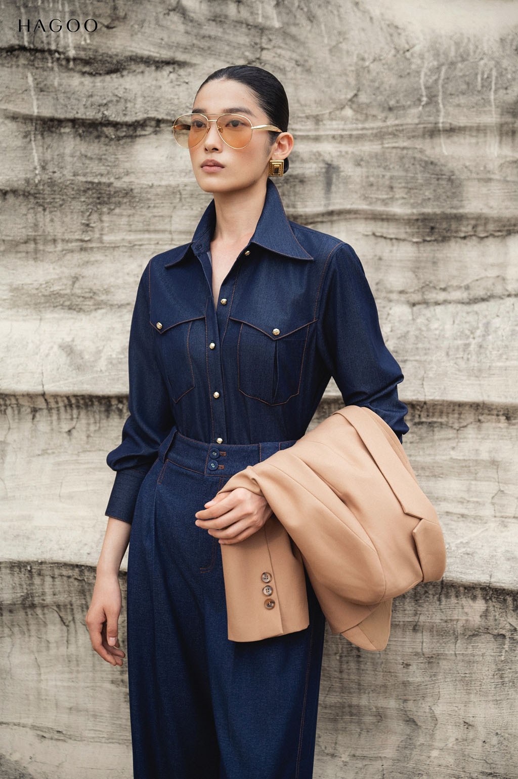 Áo sơ mi bò lụa can cầu ngực túi ốp HAGOO