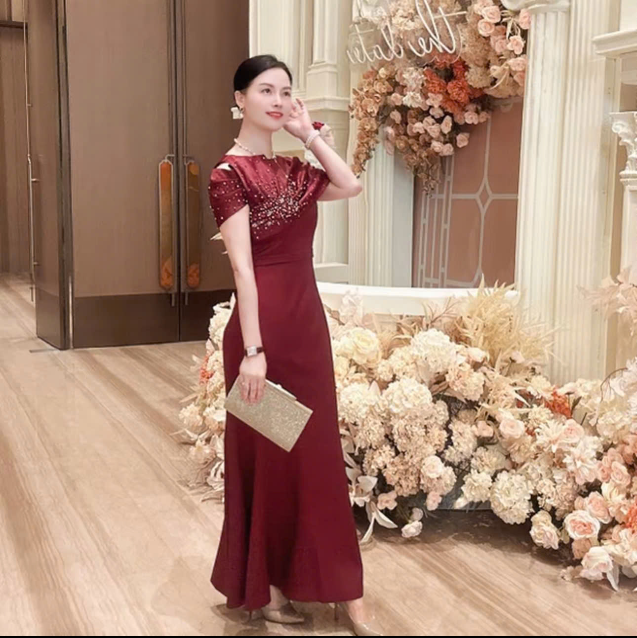 Đầm dự tiệc dạ hội đuôi cá kiểu nơ vai đính đá cao cấp_thumbnail_7