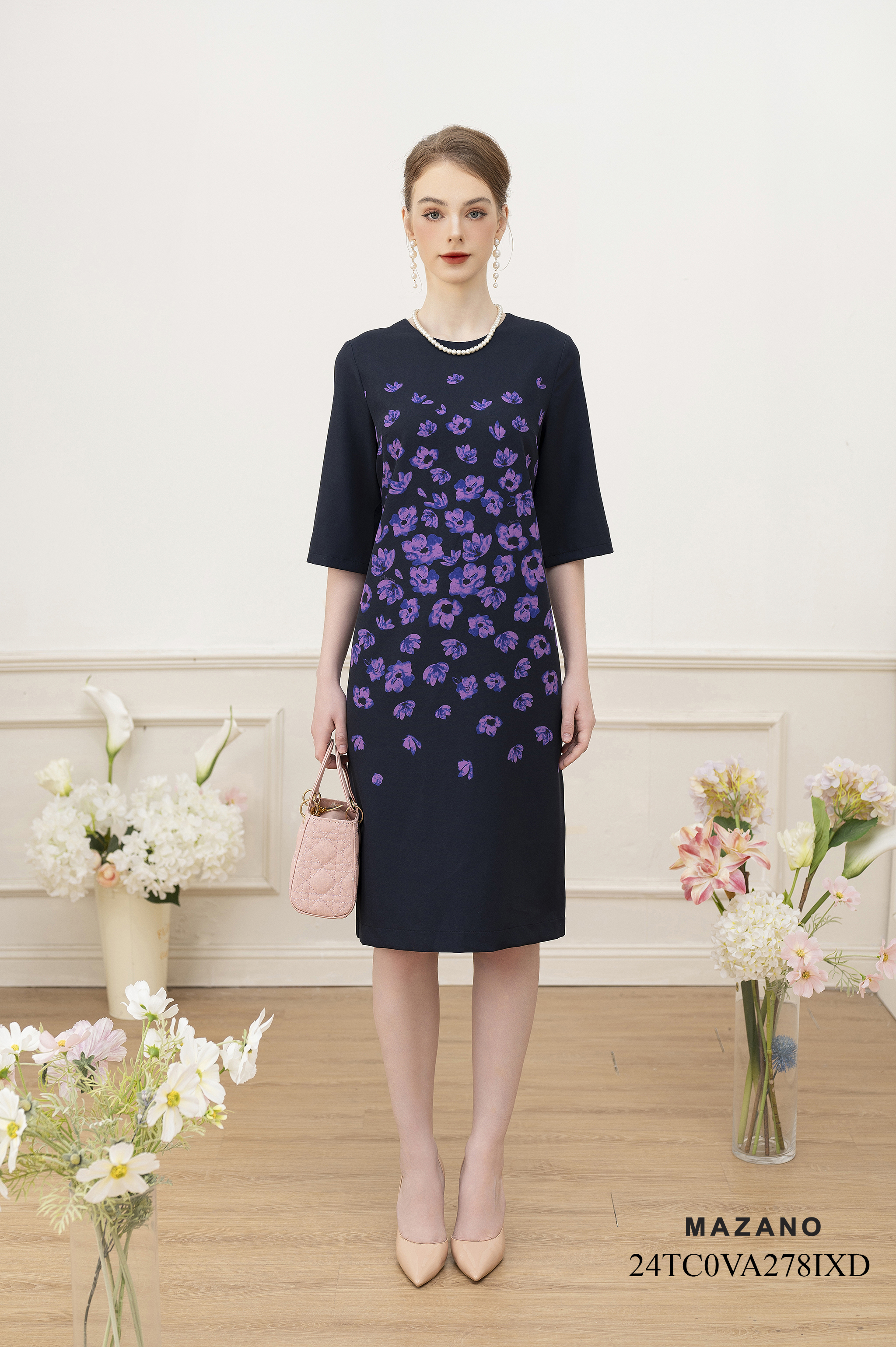 Váy Đầm suông Vải thô chun Hoạ tiết hoa lan tím cách điệu Cổ tròn Tay lỡ Dài qua gối_thumbnail_0