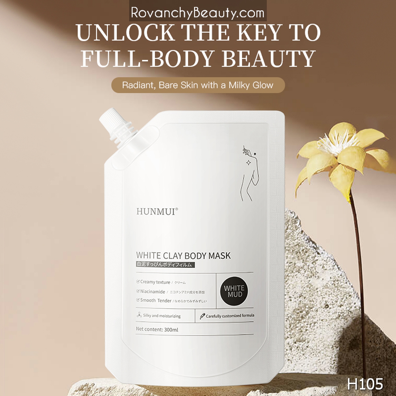 H105 Mặt nạ trắng da toàn thân HUNMUI White Clay Body Mask 300ml - Dưỡng ẩm, mịn màng, chống khô da_thumbnail_2