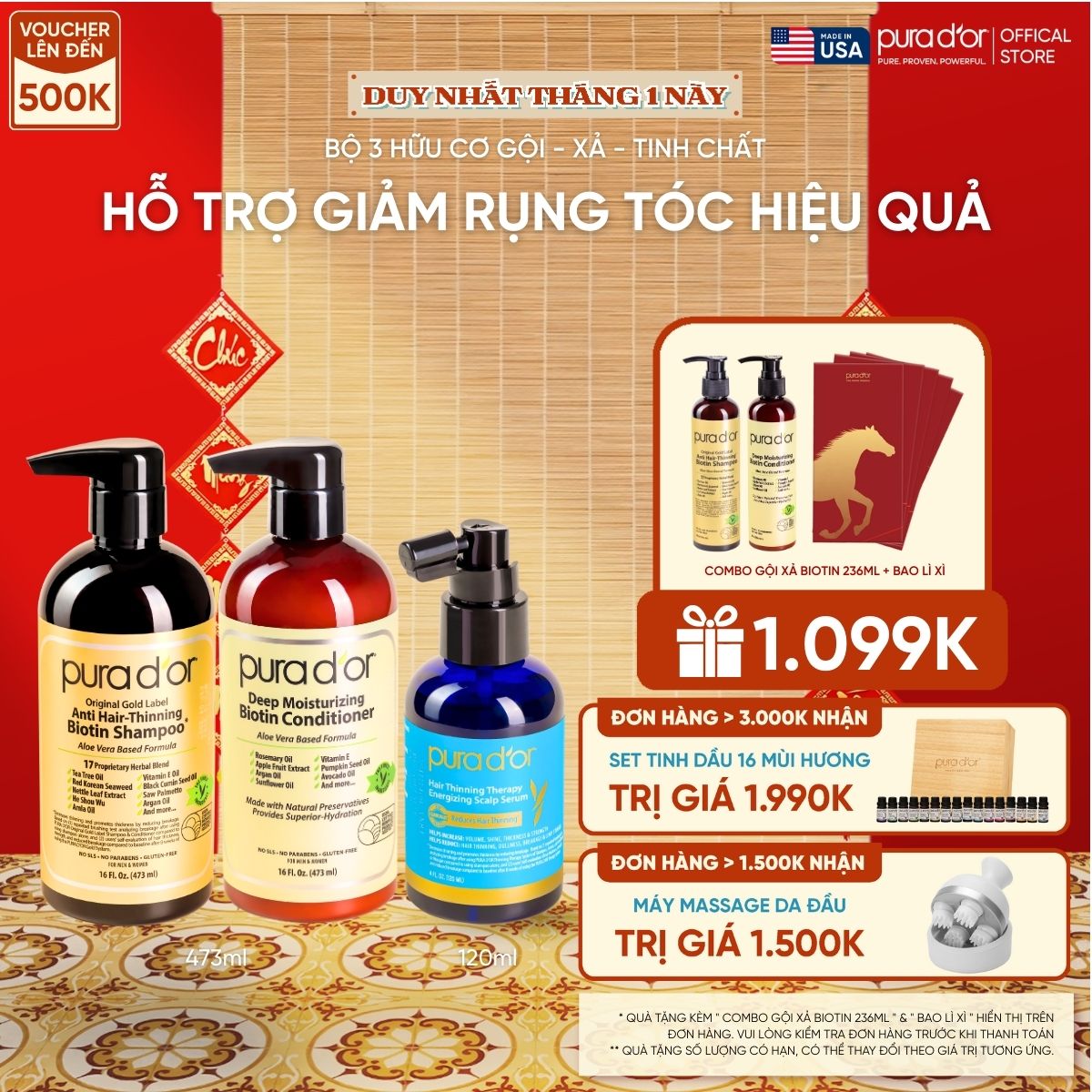 Combo 3 Bước Dầu Gội, Dầu Xả, Giảm Rụng Tóc Organic Pura D'or Biotin Gold Label 473ML | Chăm Sóc Tóc, Chăm Sóc Da Đầu, Dưỡng Tóc, Hỗ Trợ Mọc Tóc - Mega Livestream - Combo 3 bước 473ml