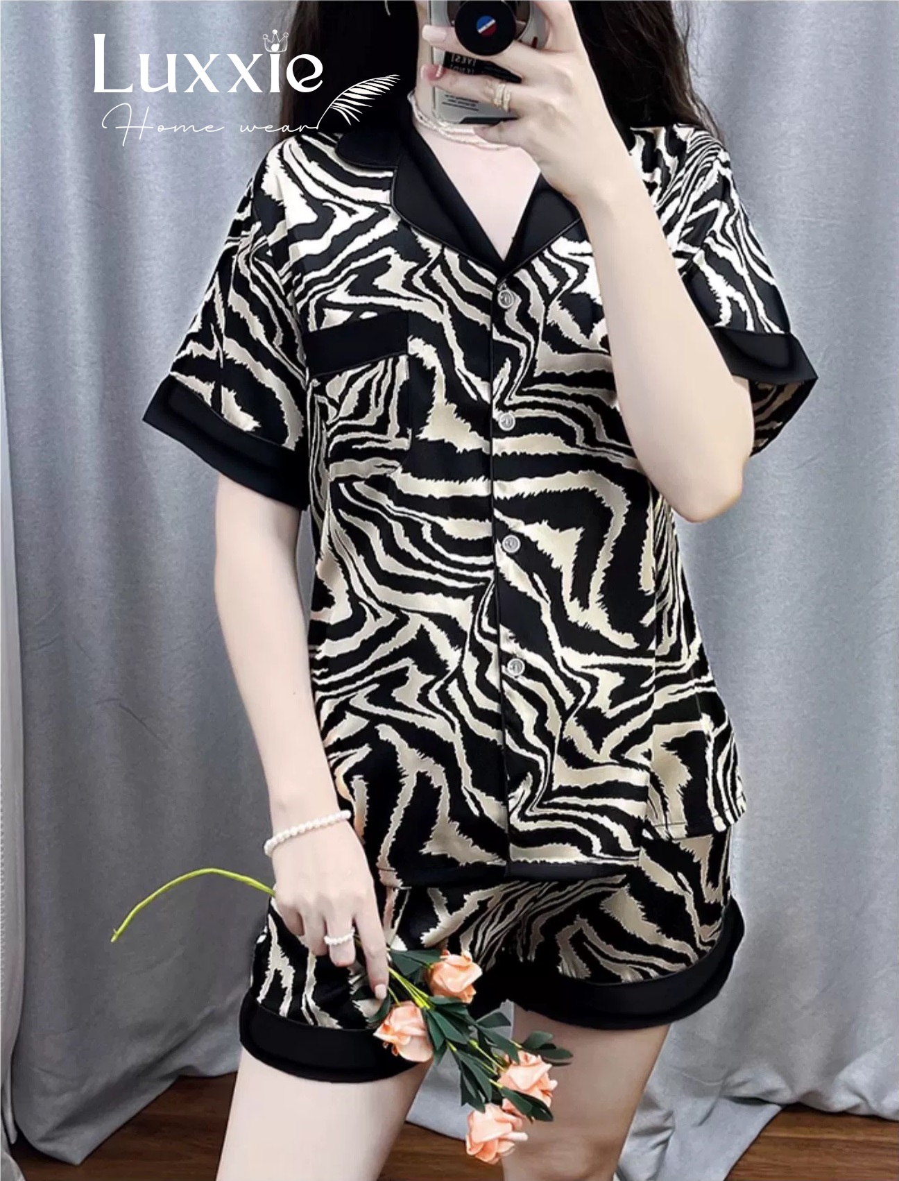 N42C Pijama Lụa nâu vằn cộc tay QCCC