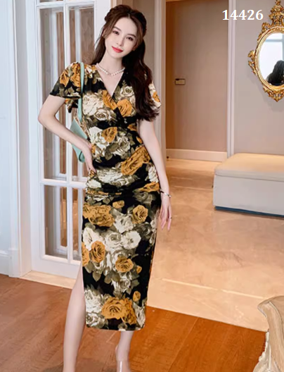 14426-Đầm body cổ đắp chéo  in hoa xẻ tà ( thun in)_thumbnail_0