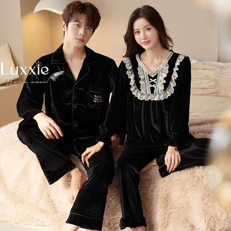 NHUNG34 Bộ ngủ nhung cổ ren trắng đính nơ