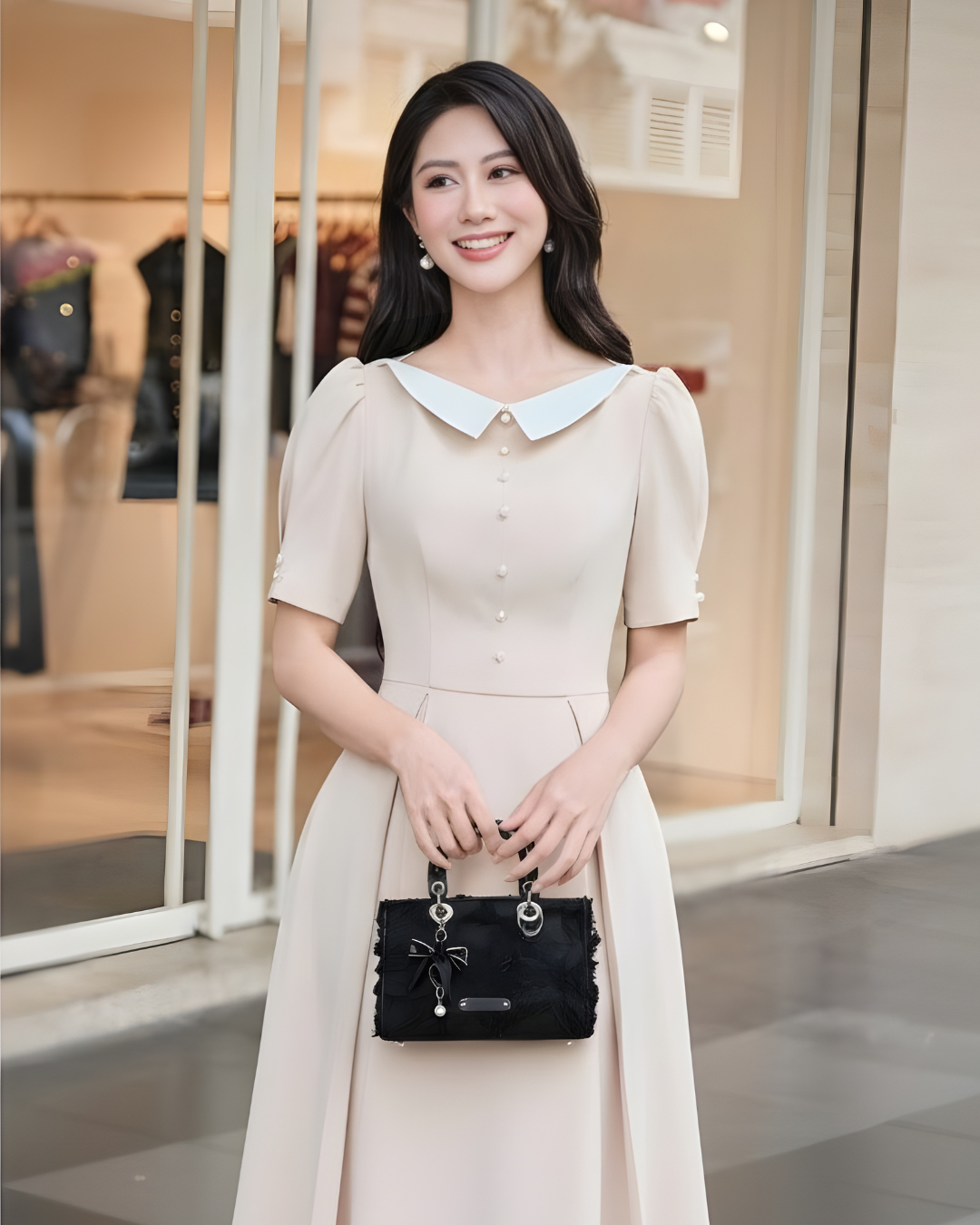 Túi xách đen UHE RISE – tay cầm sang, đeo chéo tiện, nền hoa nổi, charm nơ ngọc trai