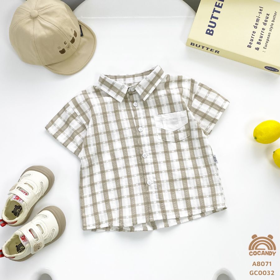 Áo cộc sơ mi caro NÂU phối túi ngực trắng_thumbnail_1