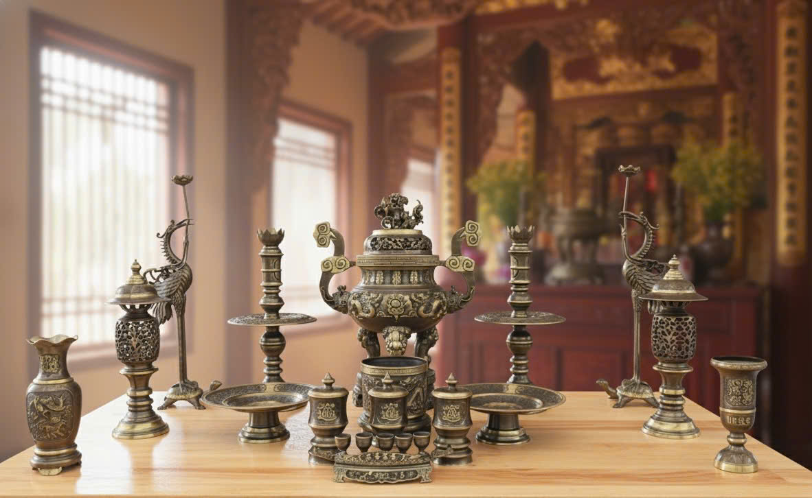 Bộ đỉnh thờ ngũ sự và phụ kiện hun màu giả cổ 